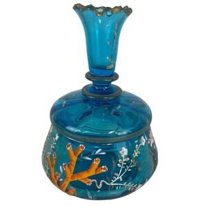 Vtg Signed Moser Art Glass Blue Coral Floral Vanity Jar with Lid Good Condition